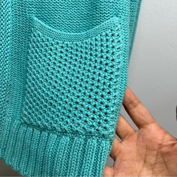 JNY Open Front Buttons Cable Knit Cardigan Teal Sz M Cotton Cottagecore Pocket - Picture 6 of 15